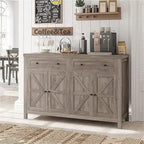 Ash Grey / White / Dark Brown Barn Door Buffet Sideboard, 2-Door 2-Drawer