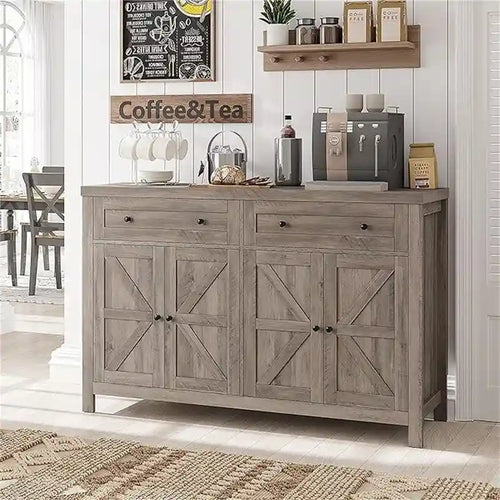Ash Grey / White / Dark Brown Barn Door Buffet Sideboard, 2-Door 2-Drawer