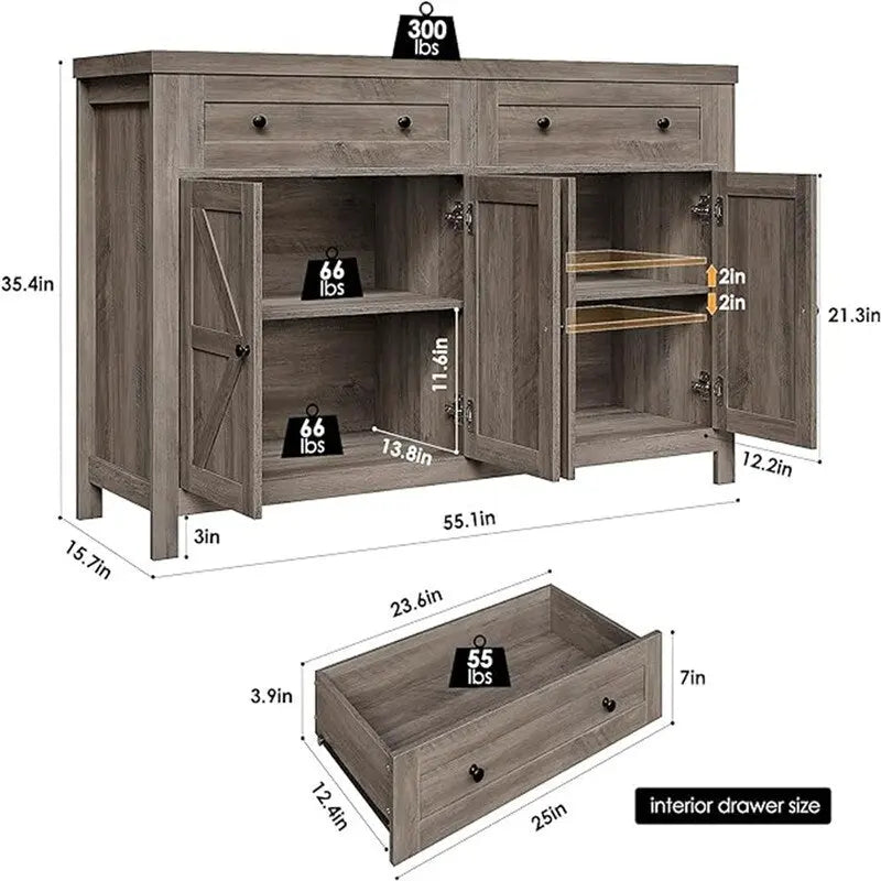 Ash Grey / White / Dark Brown Barn Door Buffet Sideboard, 2-Door 2-Drawer
