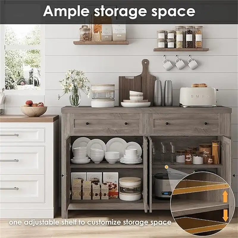 Ash Grey / White / Dark Brown Barn Door Buffet Sideboard, 2-Door 2-Drawer