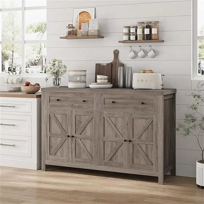 Ash Grey / White / Dark Brown Barn Door Buffet Sideboard, 2-Door 2-Drawer