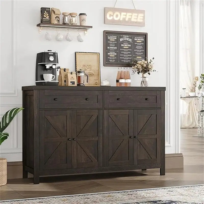 Ash Grey / White / Dark Brown Barn Door Buffet Sideboard, 2-Door 2-Drawer