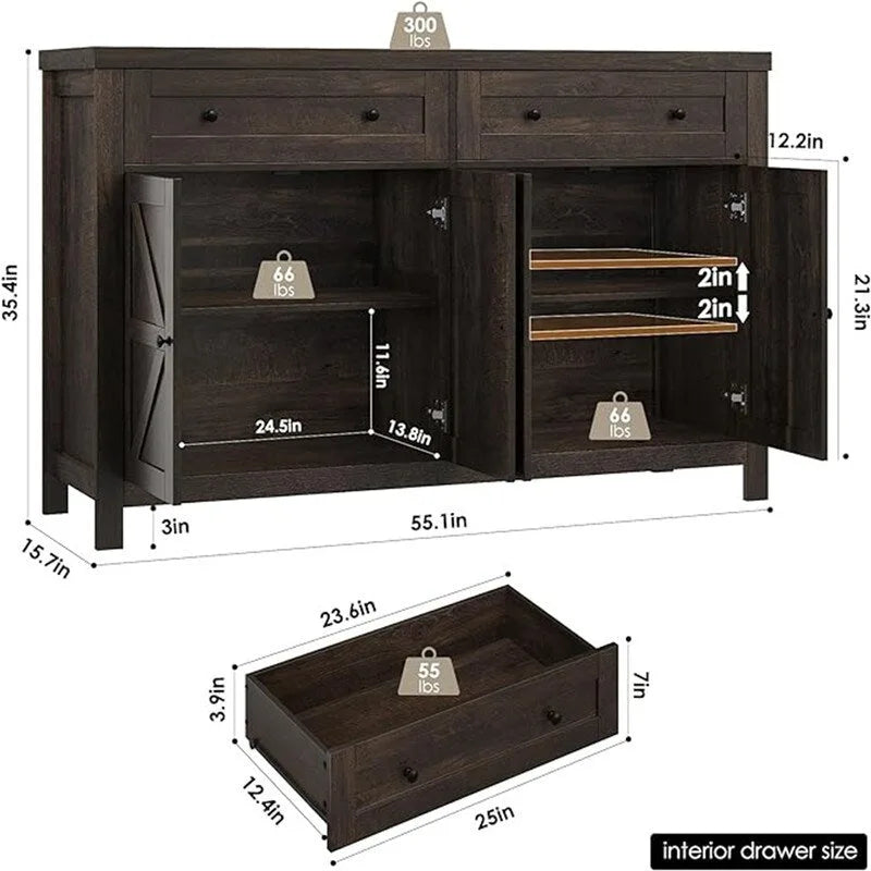 Ash Grey / White / Dark Brown Barn Door Buffet Sideboard, 2-Door 2-Drawer
