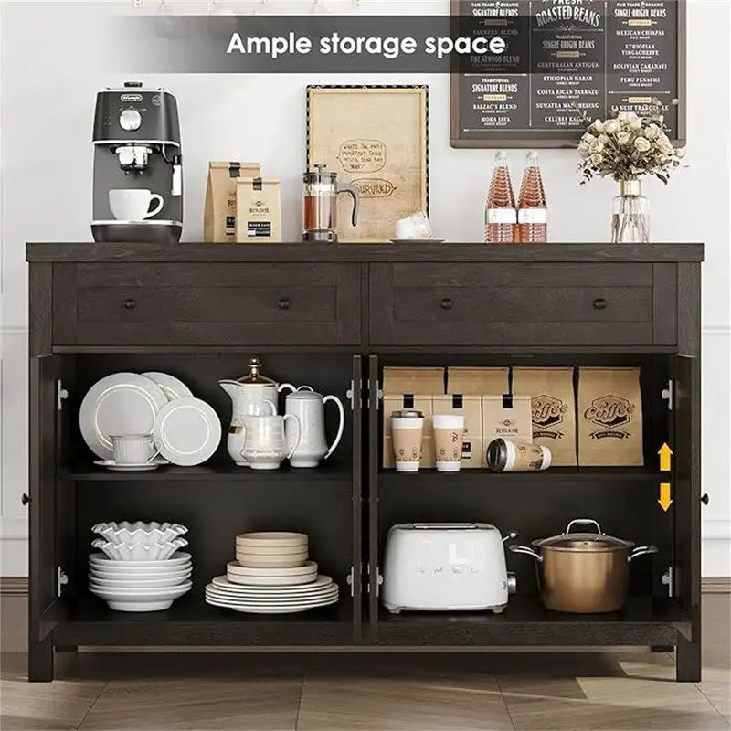Ash Grey / White / Dark Brown Barn Door Buffet Sideboard, 2-Door 2-Drawer