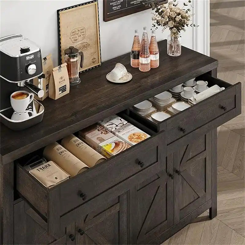 Ash Grey / White / Dark Brown Barn Door Buffet Sideboard, 2-Door 2-Drawer