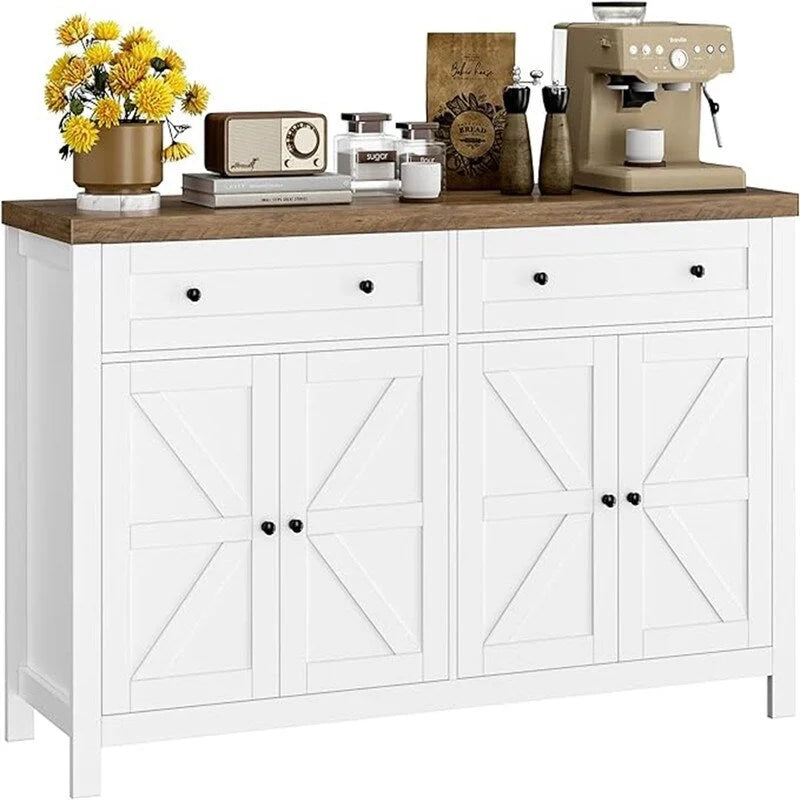 Ash Grey / White / Dark Brown Barn Door Buffet Sideboard, 2-Door 2-Drawer