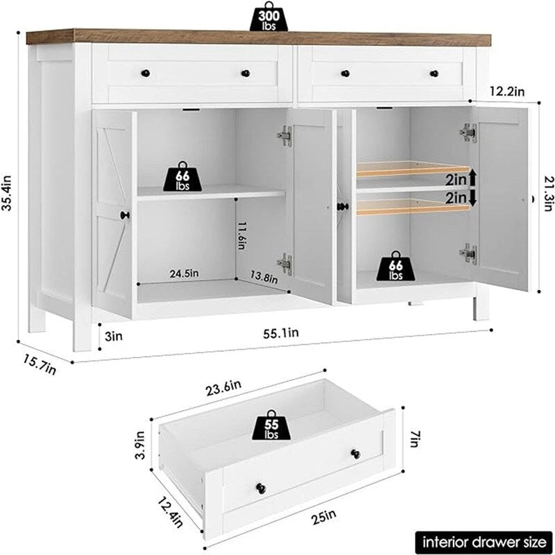 Ash Grey / White / Dark Brown Barn Door Buffet Sideboard, 2-Door 2-Drawer