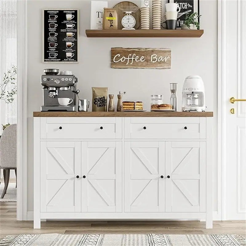 Ash Grey / White / Dark Brown Barn Door Buffet Sideboard, 2-Door 2-Drawer