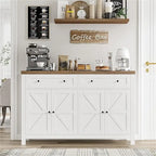 Ash Grey / White / Dark Brown Barn Door Buffet Sideboard, 2-Door 2-Drawer