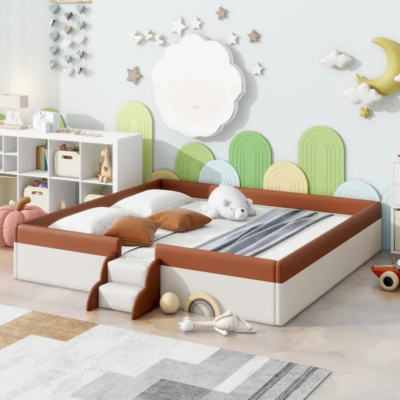 Brown & White Upholstered Daybed Frame with Fence & Stairs, 1–2 Person