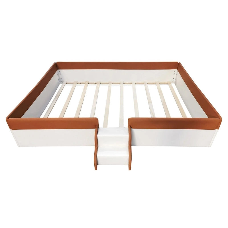 Brown & White Upholstered Daybed Frame with Fence & Stairs, 1–2 Person