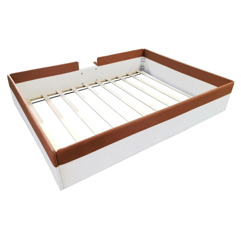 Brown & White Upholstered Daybed Frame with Fence & Stairs, 1–2 Person
