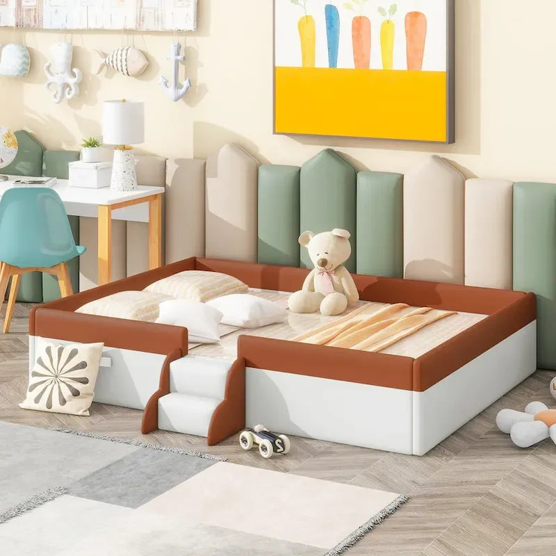 Brown & White Upholstered Daybed Frame with Fence & Stairs, 1–2 Person