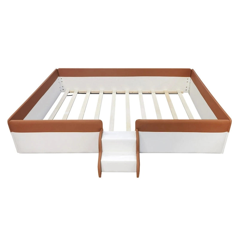 Brown & White Upholstered Daybed Frame with Fence & Stairs, 1–2 Person