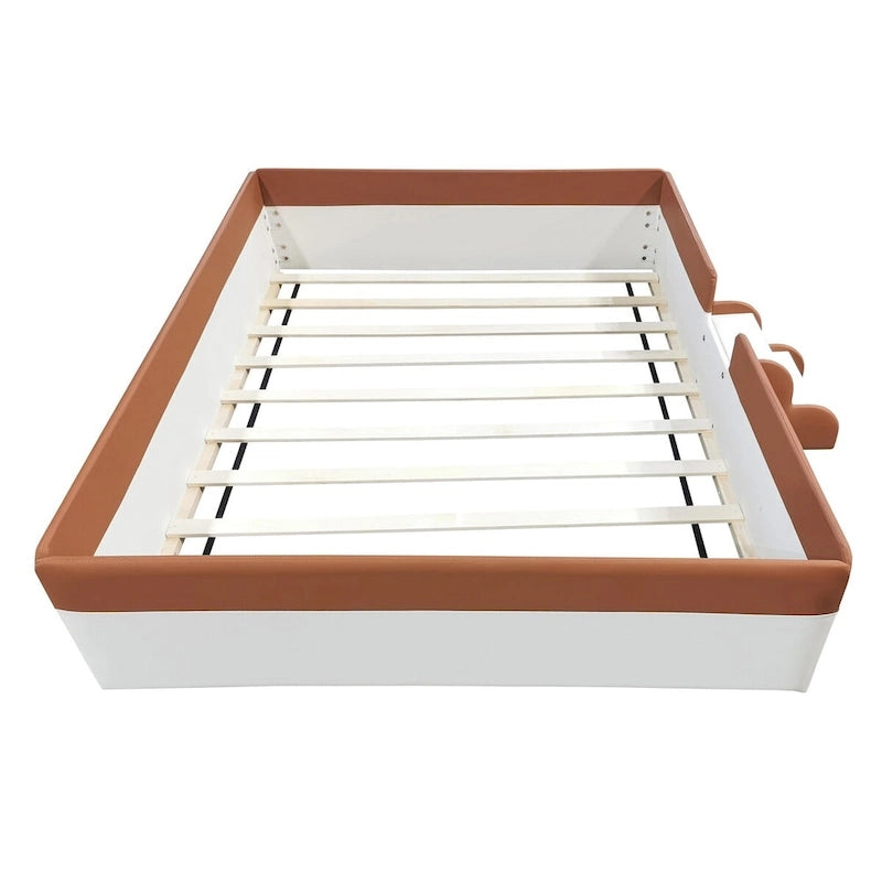 Brown & White Upholstered Daybed Frame with Fence & Stairs, 1–2 Person