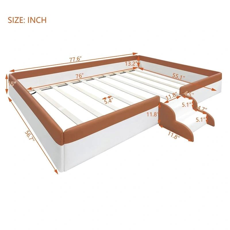 Brown & White Upholstered Daybed Frame with Fence & Stairs, 1–2 Person