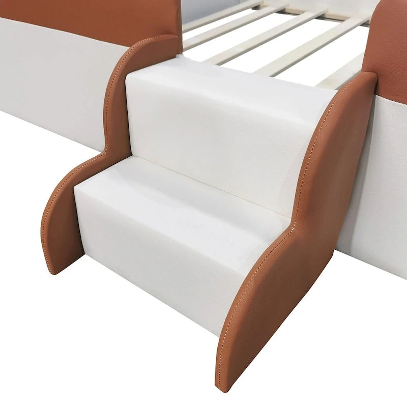Brown & White Upholstered Daybed Frame with Fence & Stairs, 1–2 Person