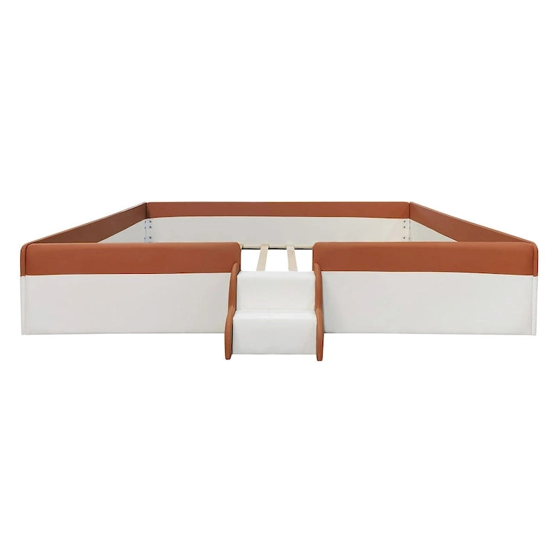 Brown & White Upholstered Daybed Frame with Fence & Stairs, 1–2 Person