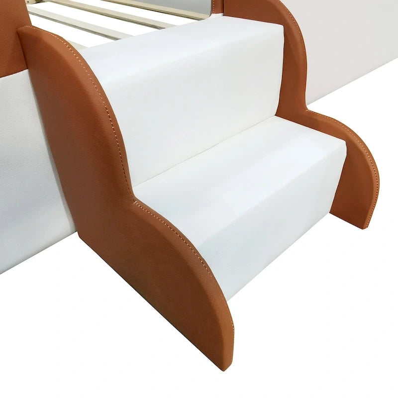 Brown & White Upholstered Daybed Frame with Fence & Stairs, 1–2 Person