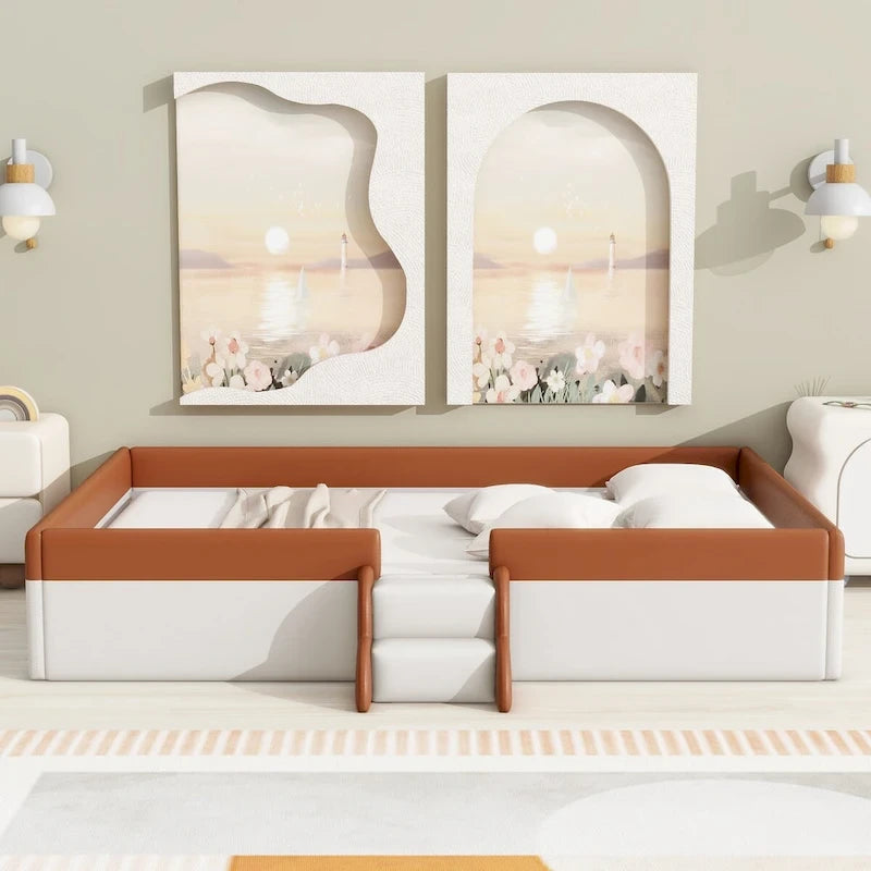 Brown & White Upholstered Daybed Frame with Fence & Stairs, 1–2 Person