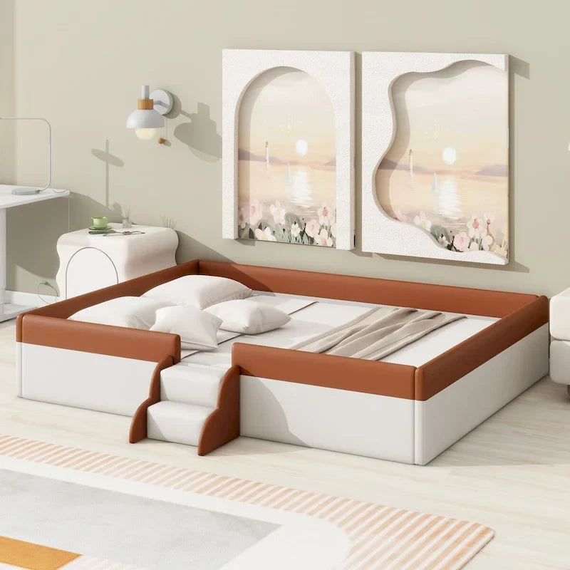 Brown & White Upholstered Daybed Frame with Fence & Stairs, 1–2 Person