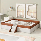 Brown & White Upholstered Daybed Frame with Fence & Stairs, 1–2 Person