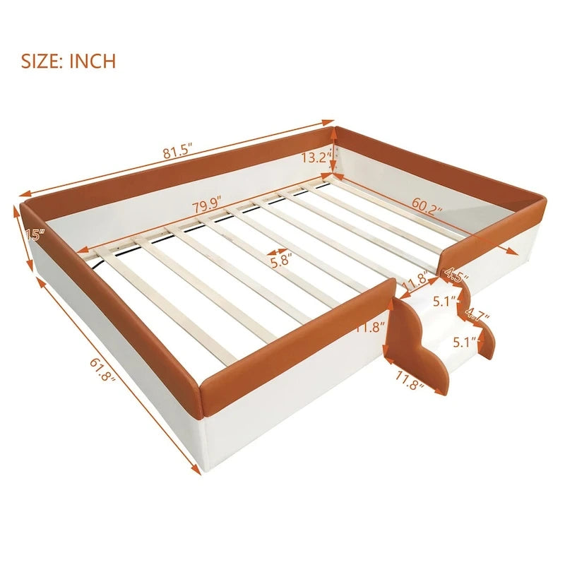 Brown & White Upholstered Daybed Frame with Fence & Stairs, 1–2 Person