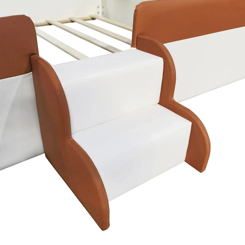 Brown & White Upholstered Daybed Frame with Fence & Stairs, 1–2 Person