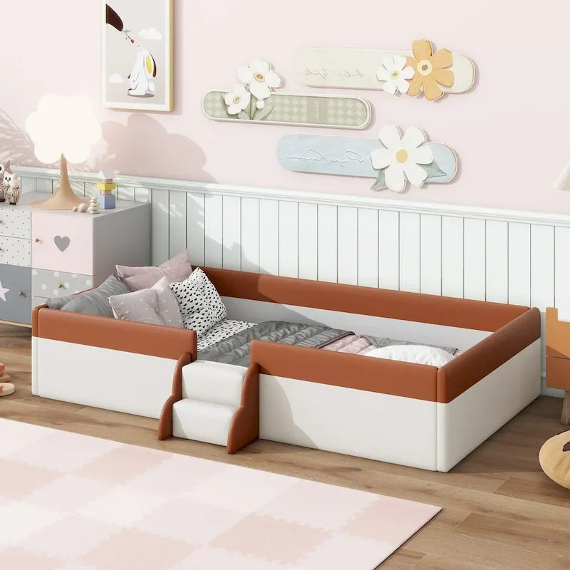 Brown & White Upholstered Daybed Frame with Fence & Stairs, 1–2 Person