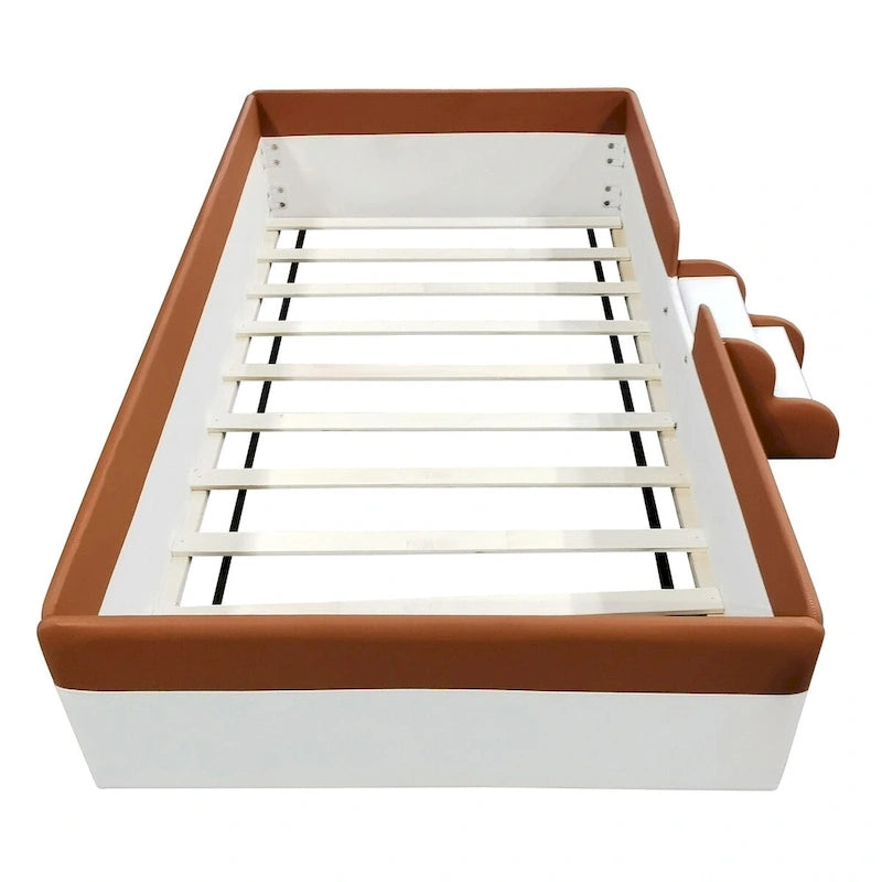 Brown & White Upholstered Daybed Frame with Fence & Stairs, 1–2 Person