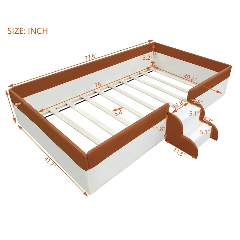 Brown & White Upholstered Daybed Frame with Fence & Stairs, 1–2 Person