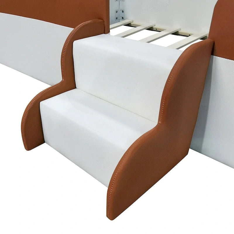 Brown & White Upholstered Daybed Frame with Fence & Stairs, 1–2 Person