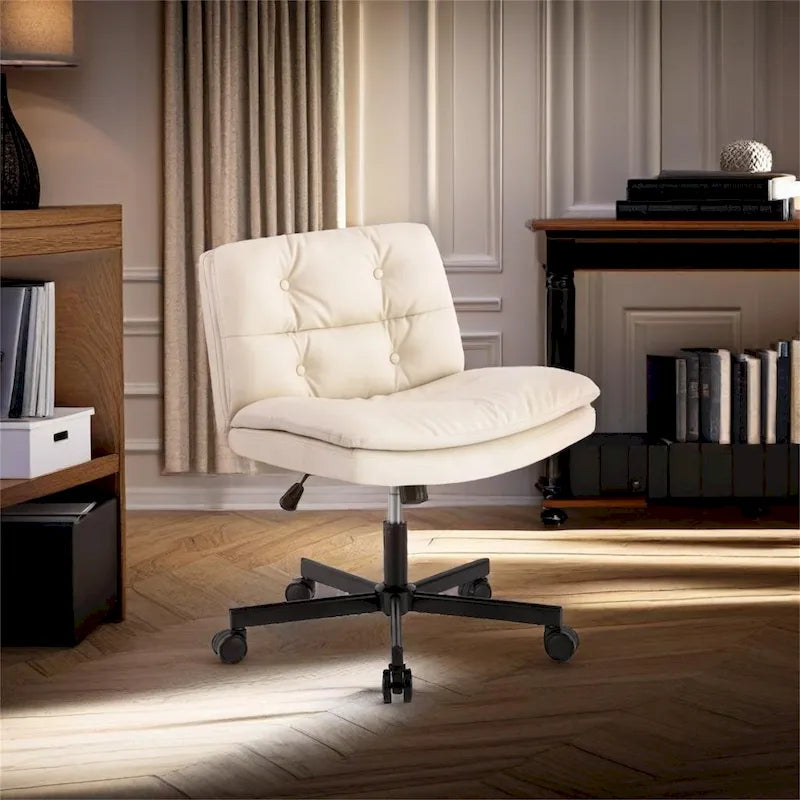 Beige Leather Armless Swivel Office Chair, Single Seat