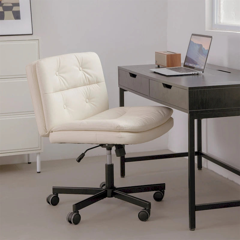 Beige Leather Armless Swivel Office Chair, Single Seat