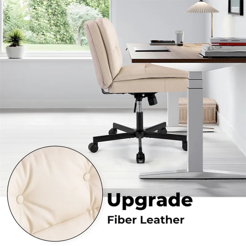 Beige Leather Armless Swivel Office Chair, Single Seat