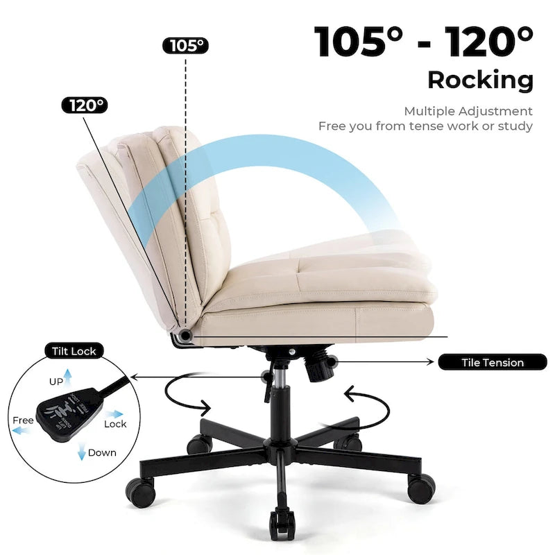 Beige Leather Armless Swivel Office Chair, Single Seat