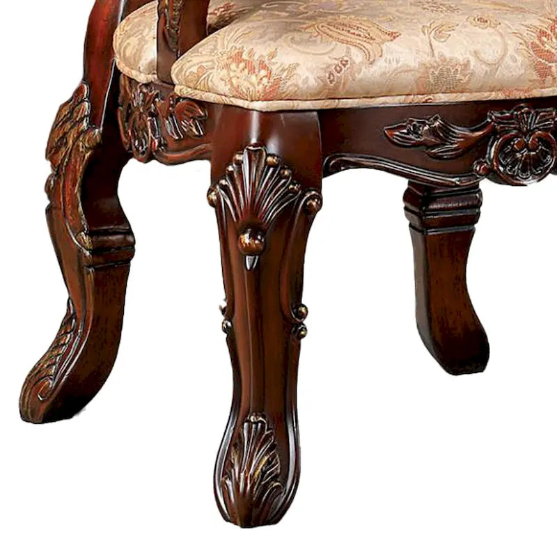 Brown & Beige Carved Back Dining Chair, Cabriole Legs, Set of 2