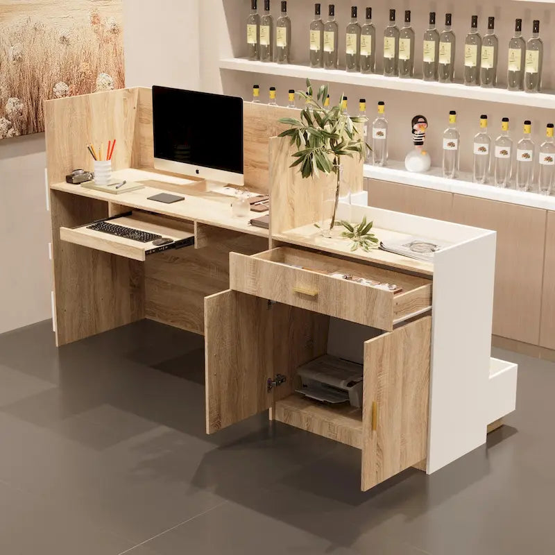 White & Oak Reception Desk with Keyboard Drawer, Single Person