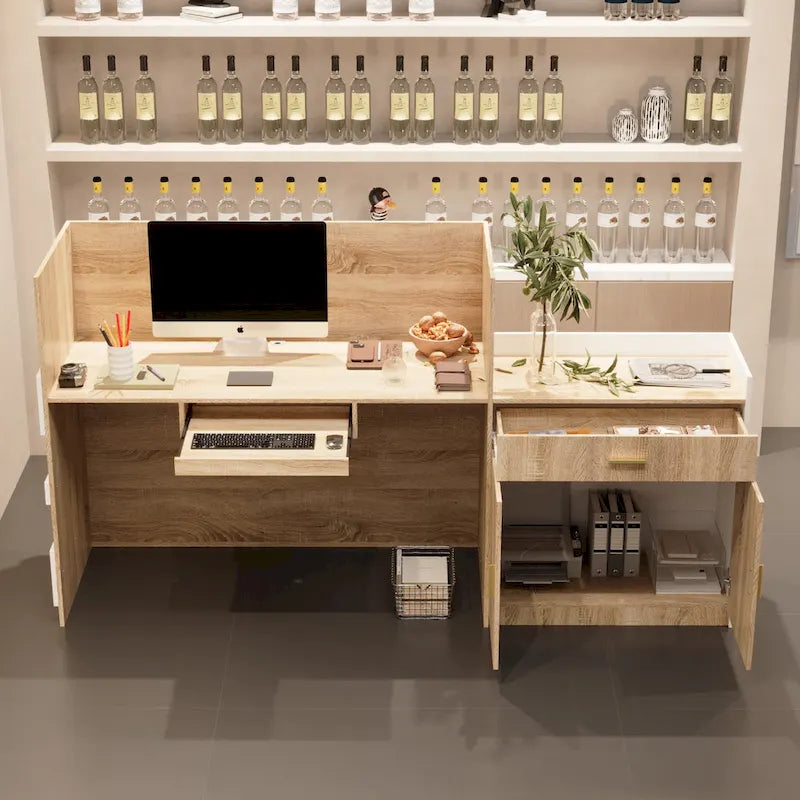 White & Oak Reception Desk with Keyboard Drawer, Single Person
