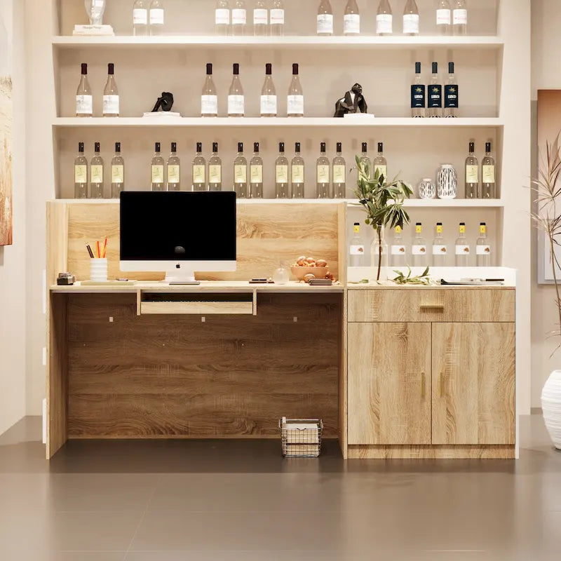 White & Oak Reception Desk with Keyboard Drawer, Single Person