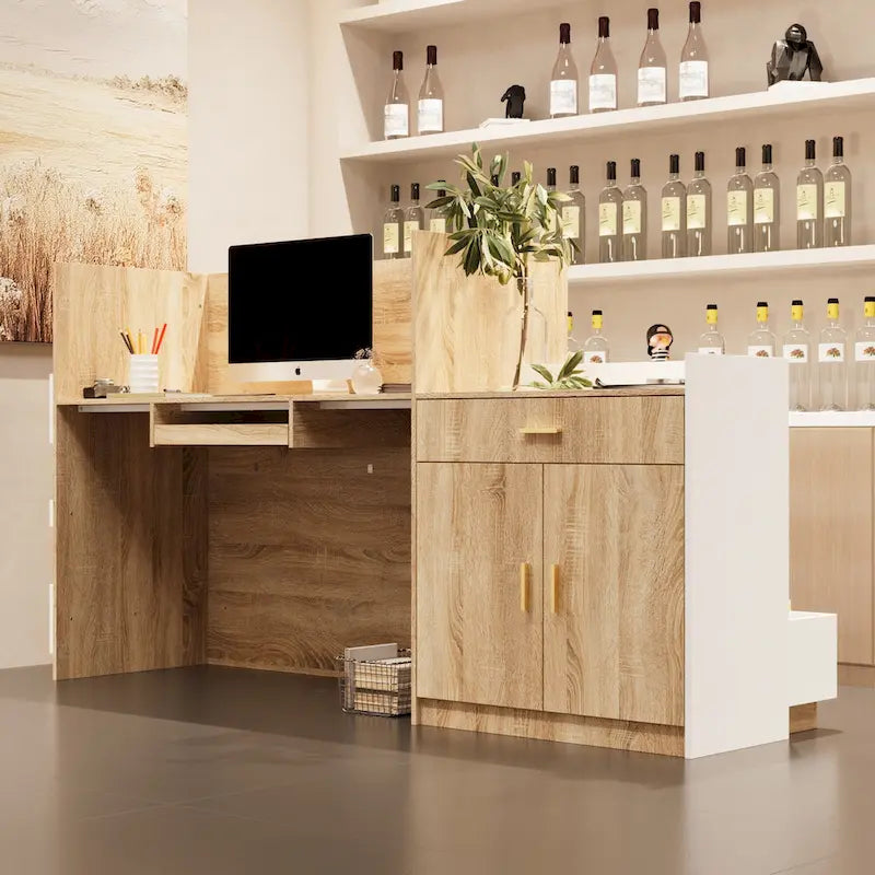 White & Oak Reception Desk with Keyboard Drawer, Single Person