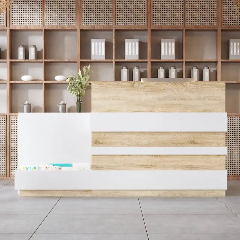 White & Oak Reception Desk with Keyboard Drawer, Single Person