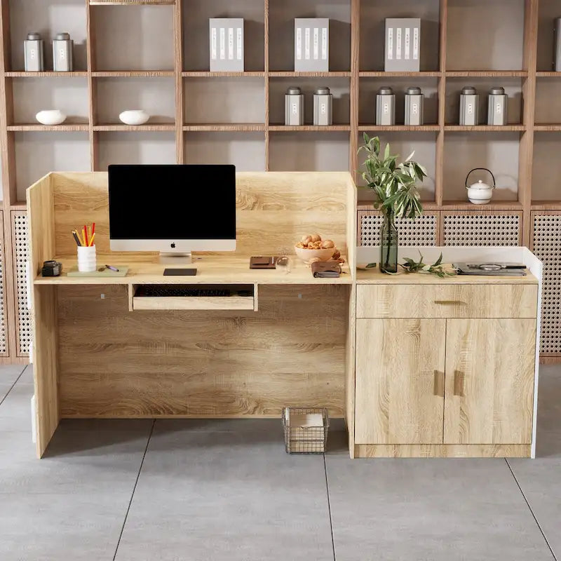 White & Oak Reception Desk with Keyboard Drawer, Single Person