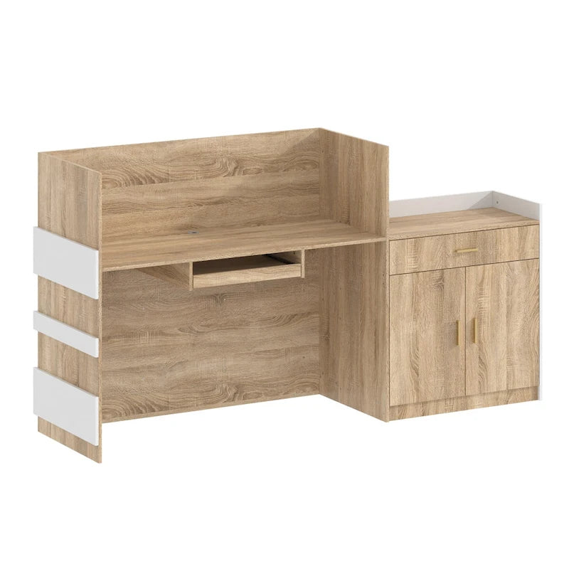 White & Oak Reception Desk with Keyboard Drawer, Single Person