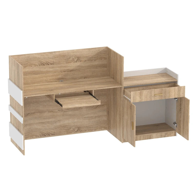 White & Oak Reception Desk with Keyboard Drawer, Single Person