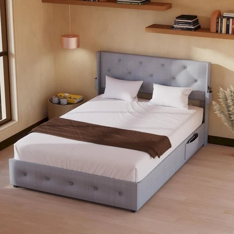 Light Gray Full Size Upholstered Gas Lift Storage Bed Frame, For 1 Person