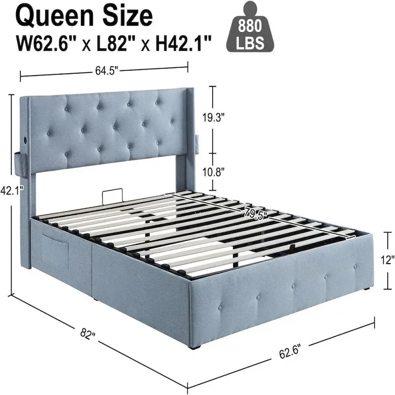 Light Gray Full Size Upholstered Gas Lift Storage Bed Frame, For 1 Person
