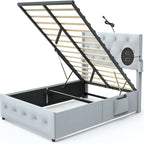 Light Gray Full Size Upholstered Gas Lift Storage Bed Frame, For 1 Person