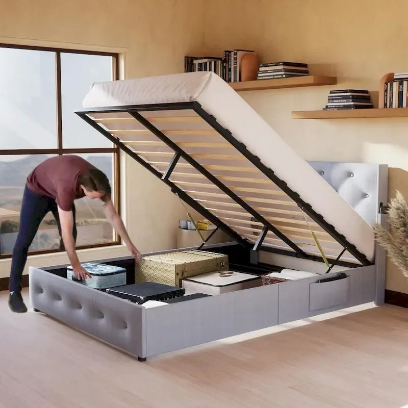 Light Gray Full Size Upholstered Gas Lift Storage Bed Frame, For 1 Person