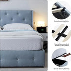 Light Gray Full Size Upholstered Gas Lift Storage Bed Frame, For 1 Person